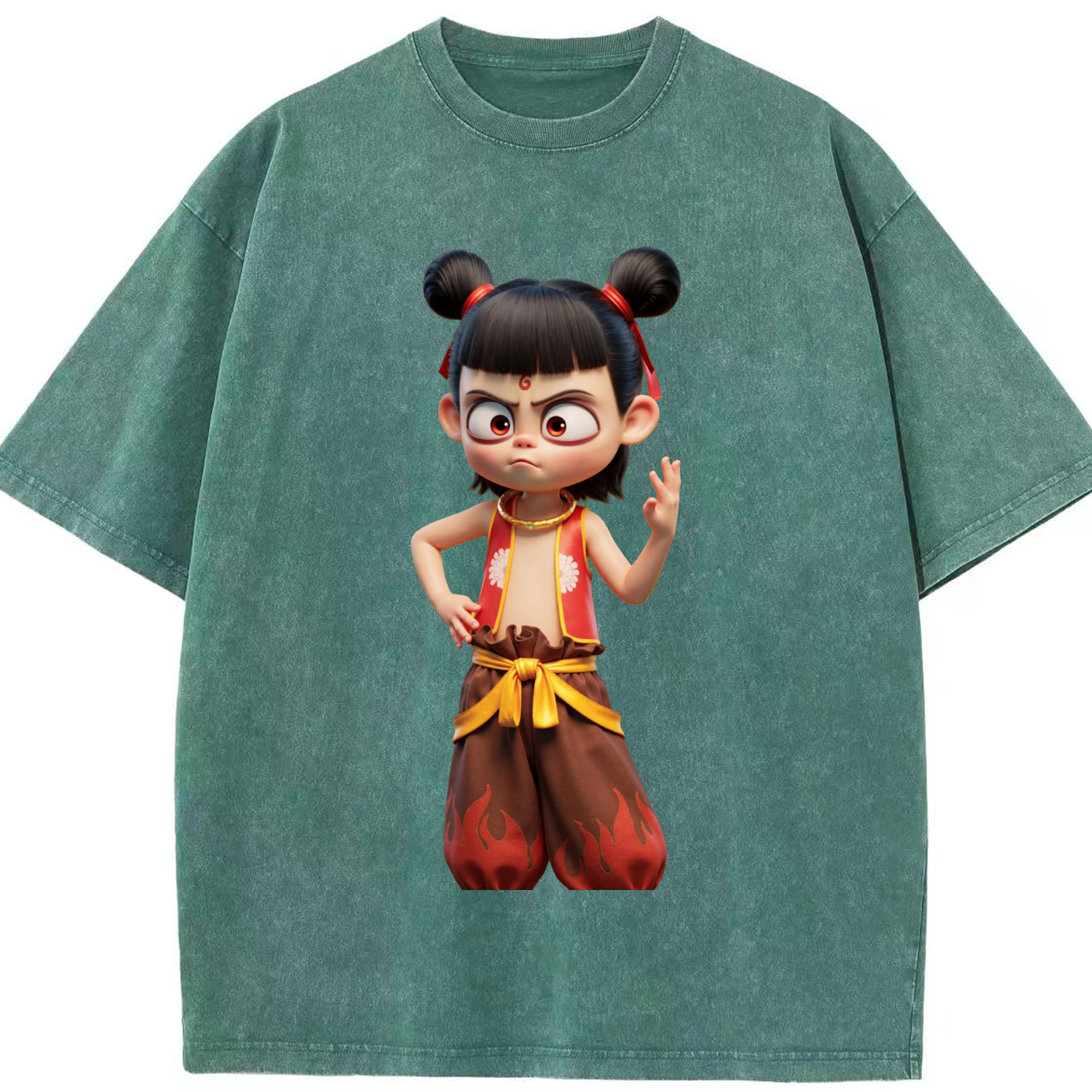 （画像用） Ne Zha 2 ナタ 魔童の大暴れ 綿100% ヴィンテージ風 半袖Tシャツ（フロントプリント）